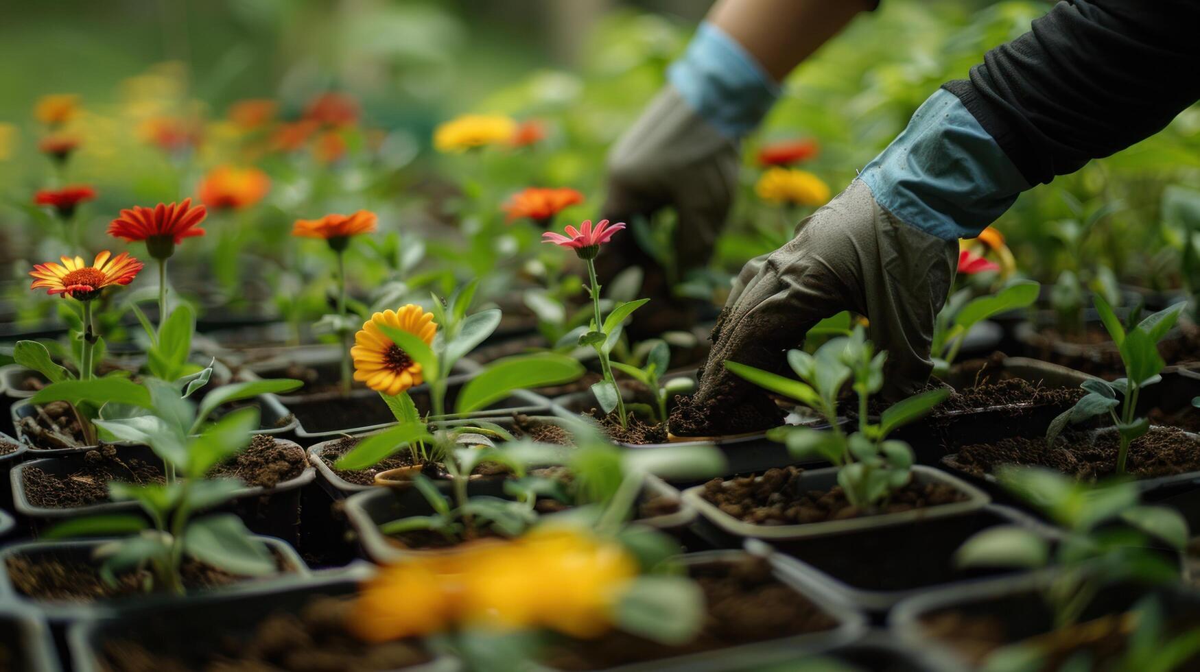 AI generated Gardeners are planting flowers by hand in pots filled with dirt or soil photo