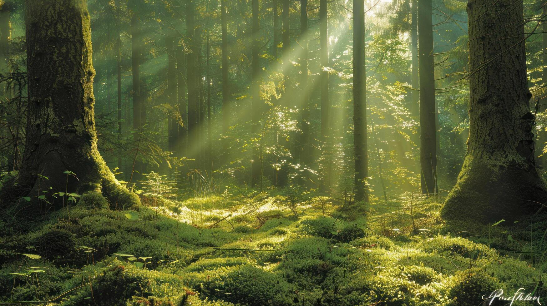 ai generado luz de sol filtros mediante un pabellón de Esmeralda hojas, moteado el bosque piso en un mosaico de ligero y sombra. foto