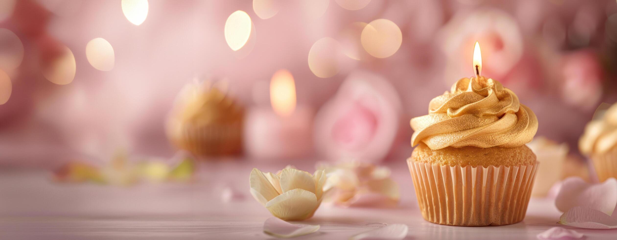 AI generated A top gold candle on a cupcake set against a soft pastel pink backdrop photo