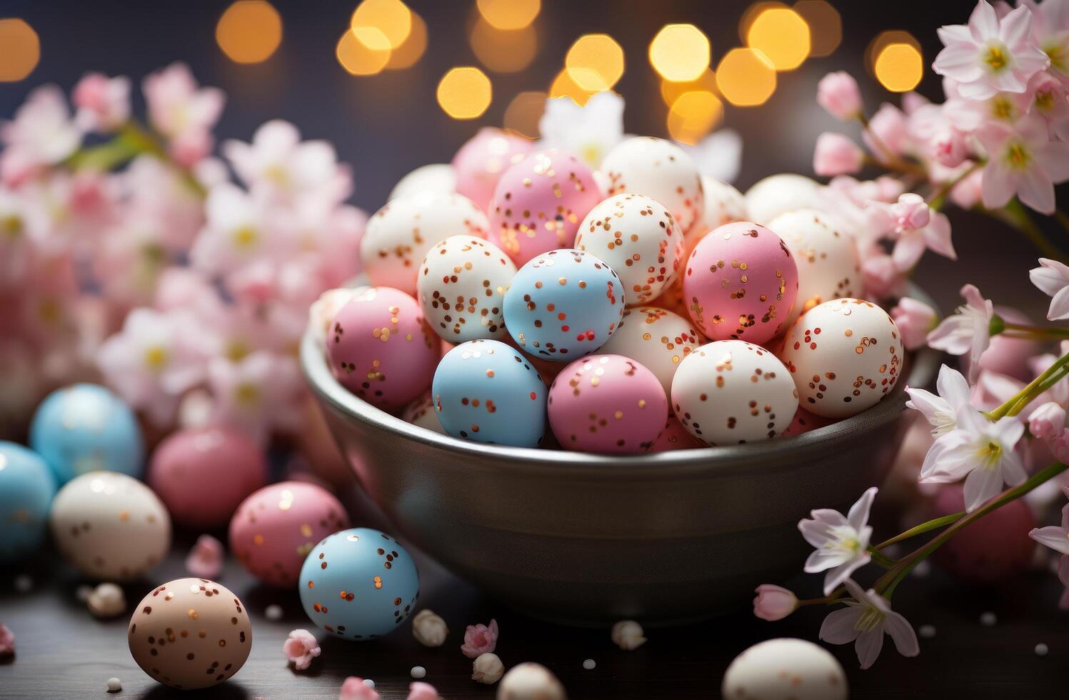 AI generated A basket filled with colored Easter eggs, surrounded by flower bulbs and daffodils photo