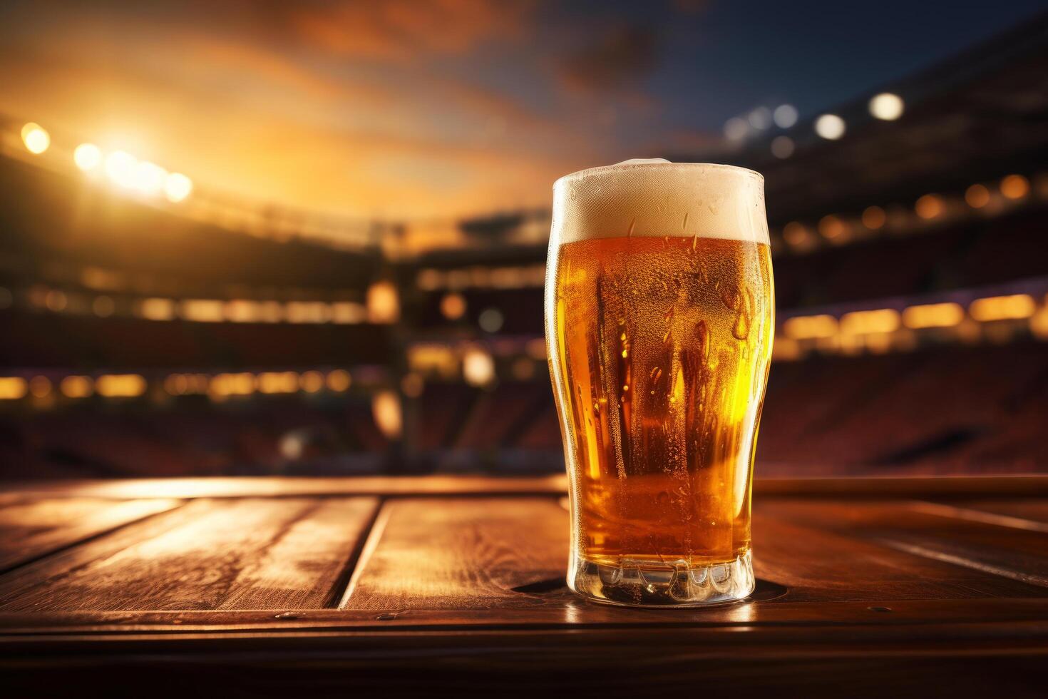 AI generated a beer glass sitting on a wooden table next to a soccer stadium photo