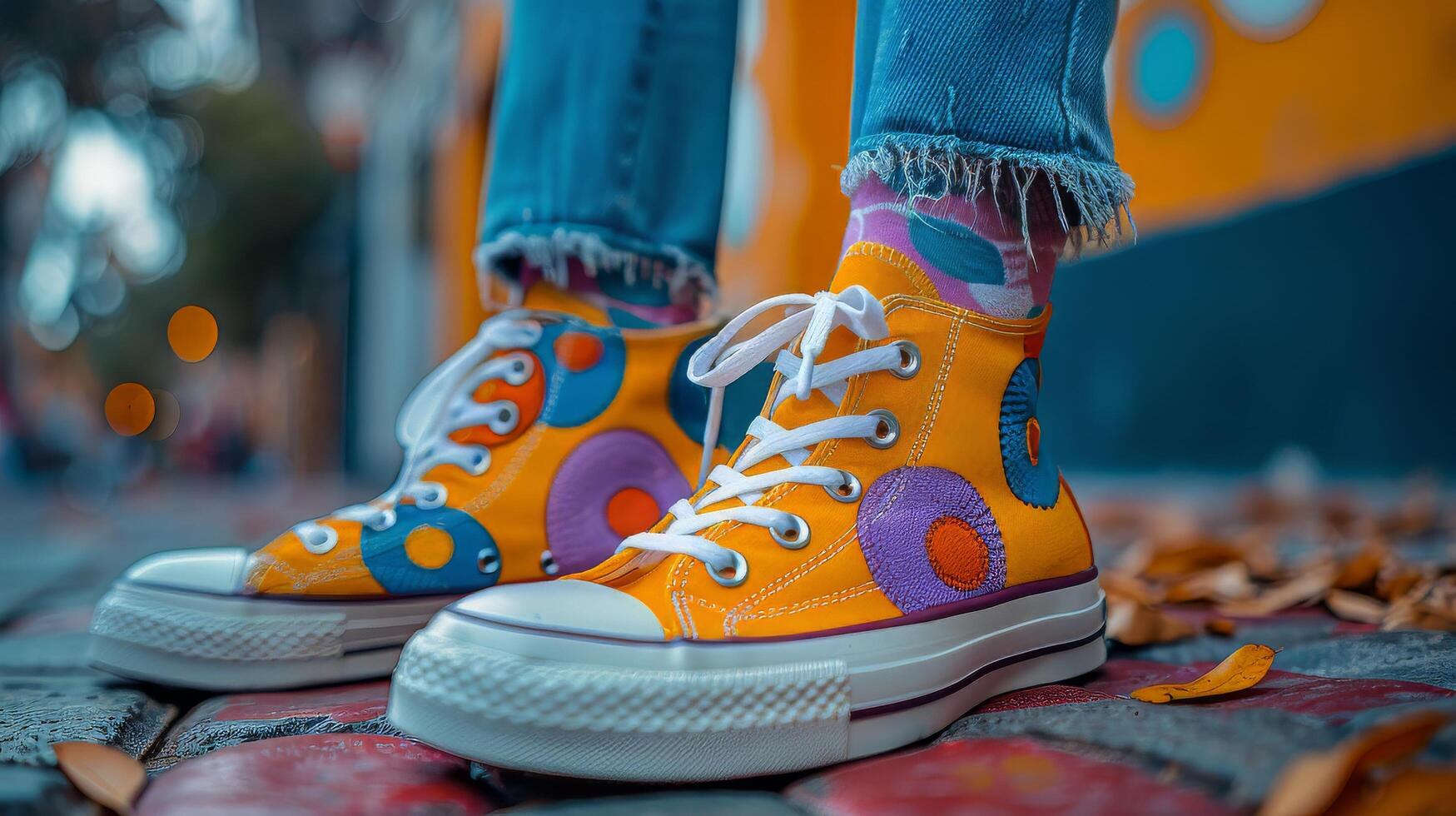 AI generated Vibrant Yellow Sneakers With Colorful Circles Design photo