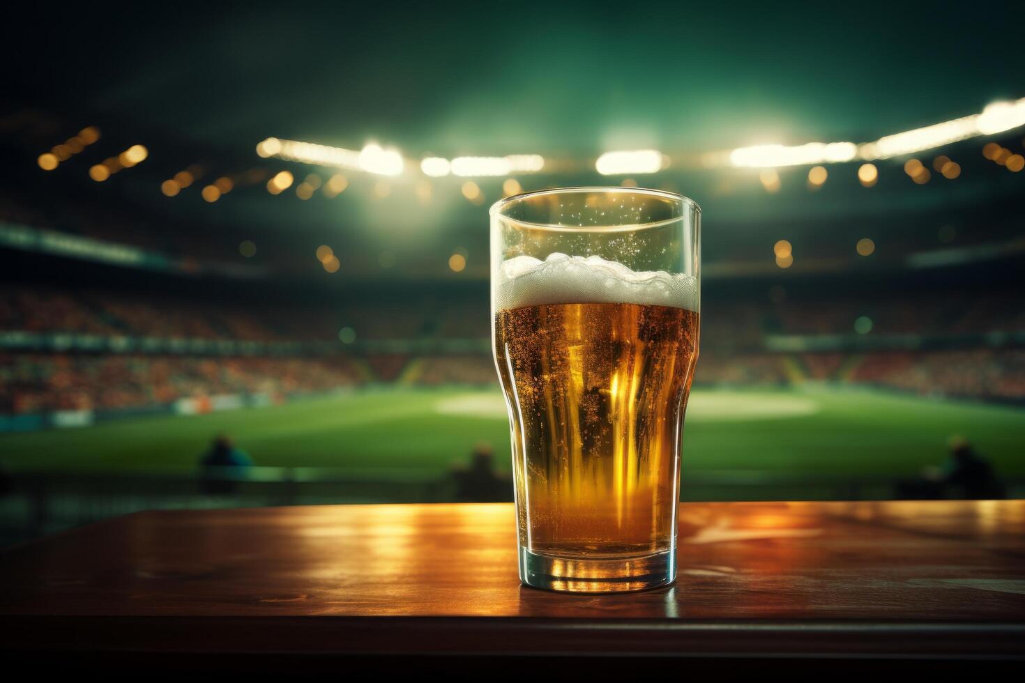 AI generated a beer glass and field are on a table in front of a stadium photo