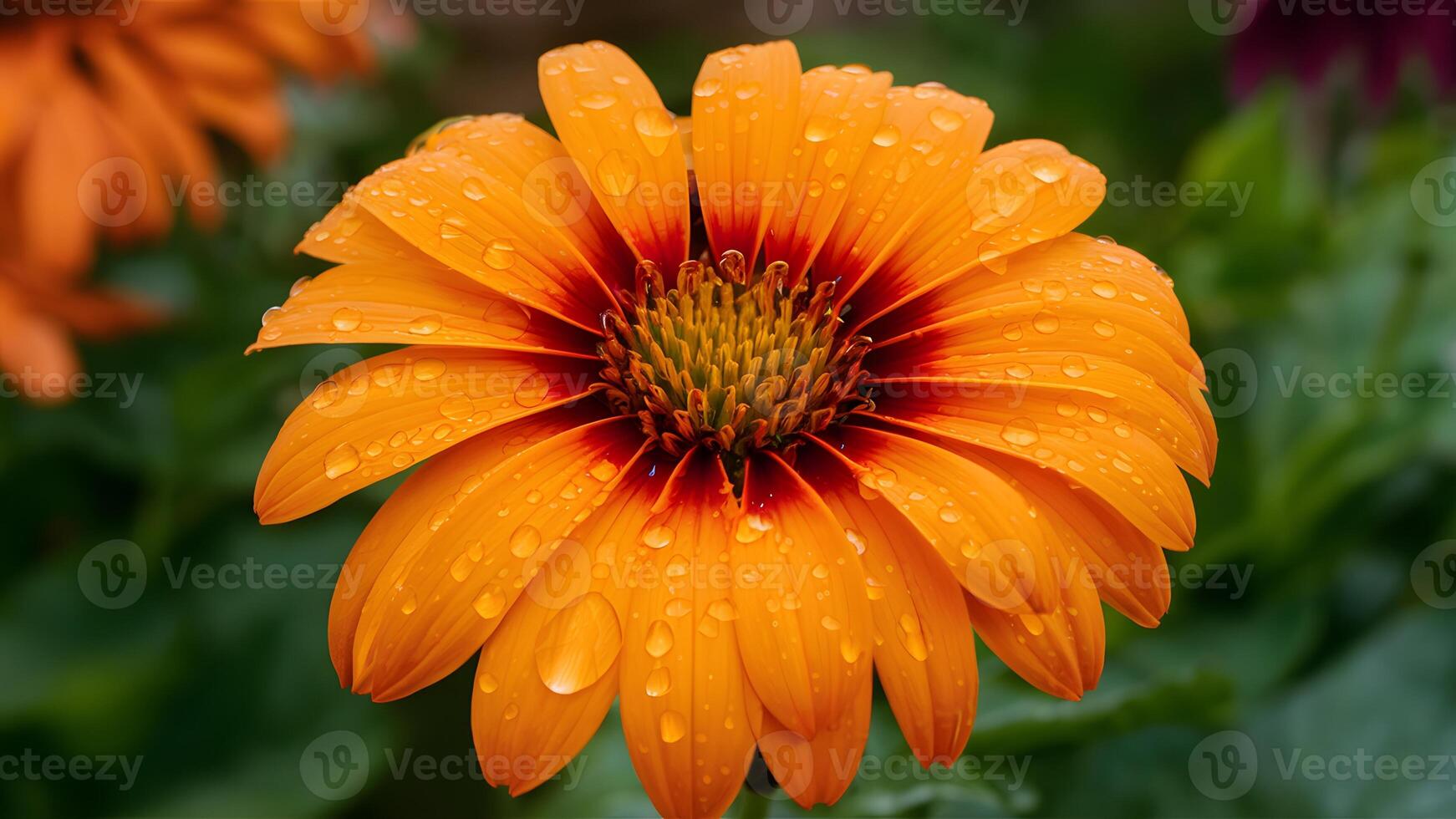 AI generated Rain droplets collect on orange flower petals, bright garden background photo