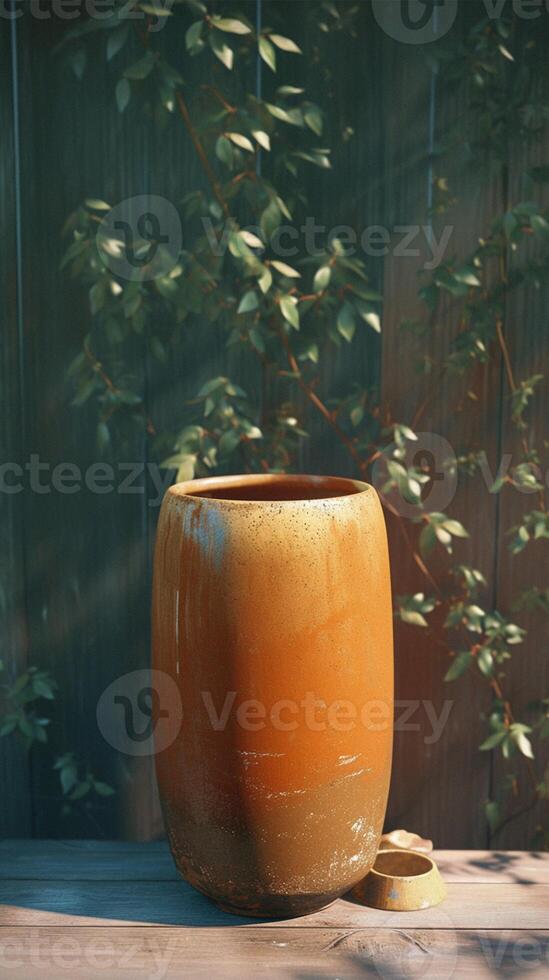 AI generated Rustic ceramic pot showcased in a close view amidst trees Vertical Mobile Wallpaper photo