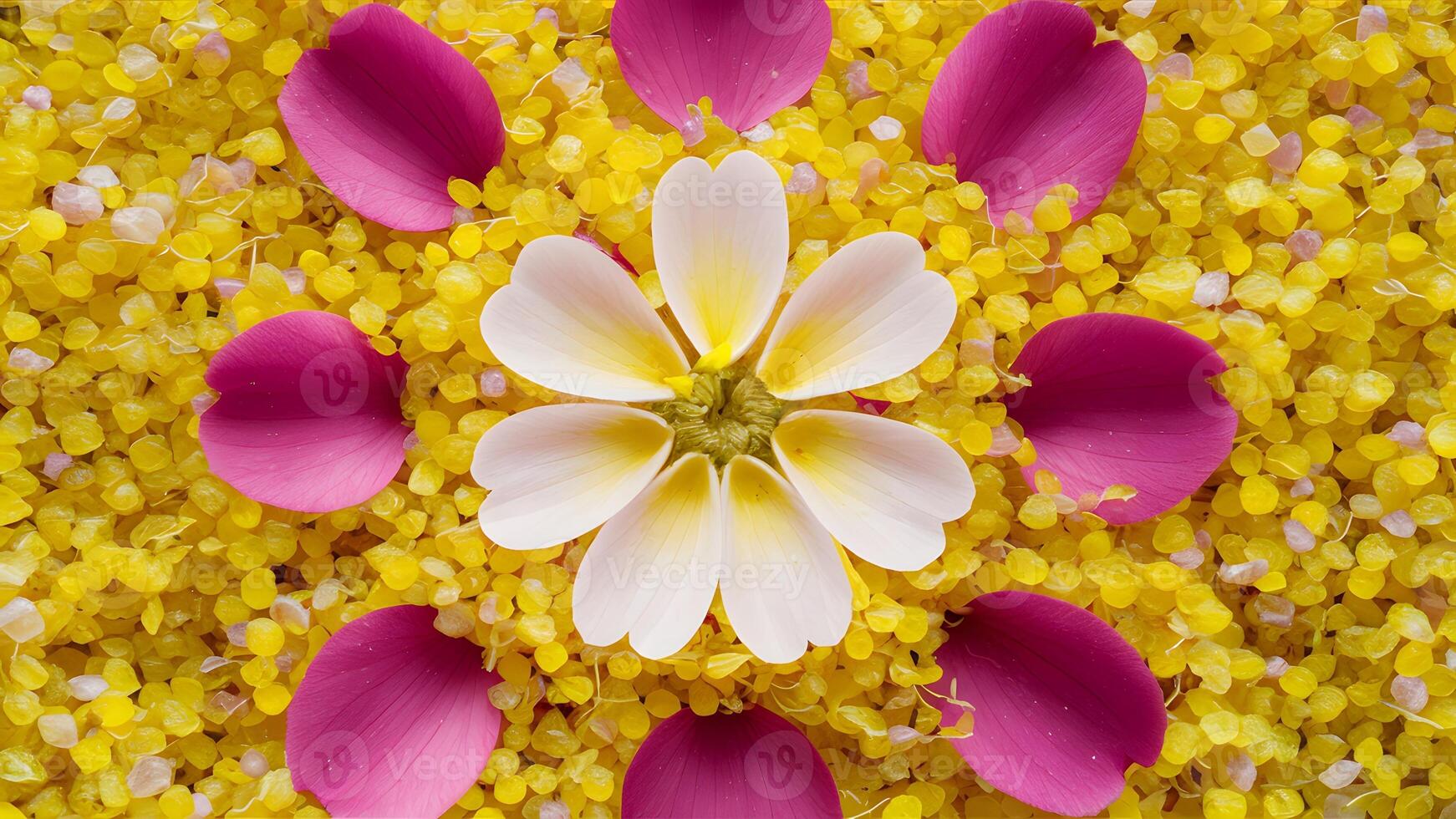 AI generated Yellow and pink pollen grains create beautiful background with petals photo