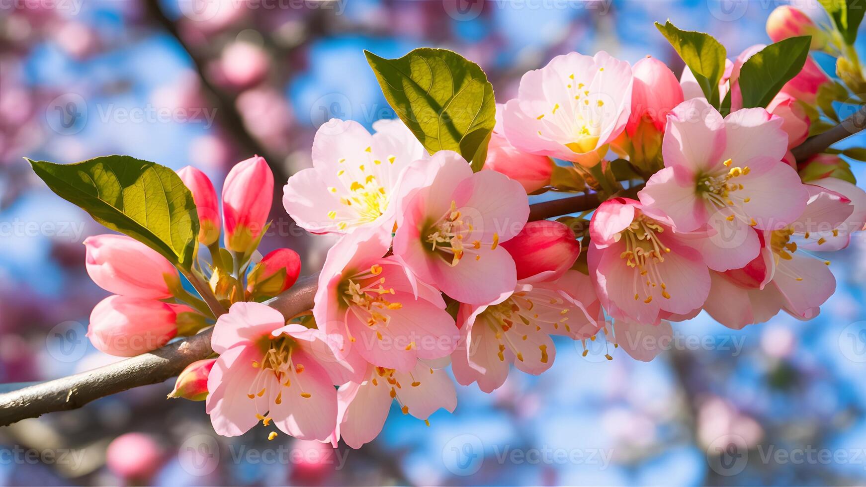 AI generated Half frame of pink apple tree flower branches isolated white photo