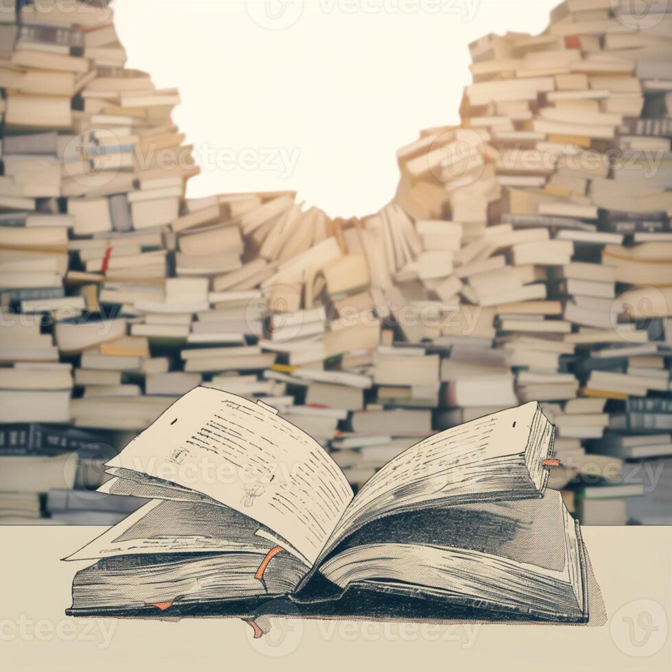 AI generated Literary arrangement Pile of books, one open for reading For Social Media Post Size photo