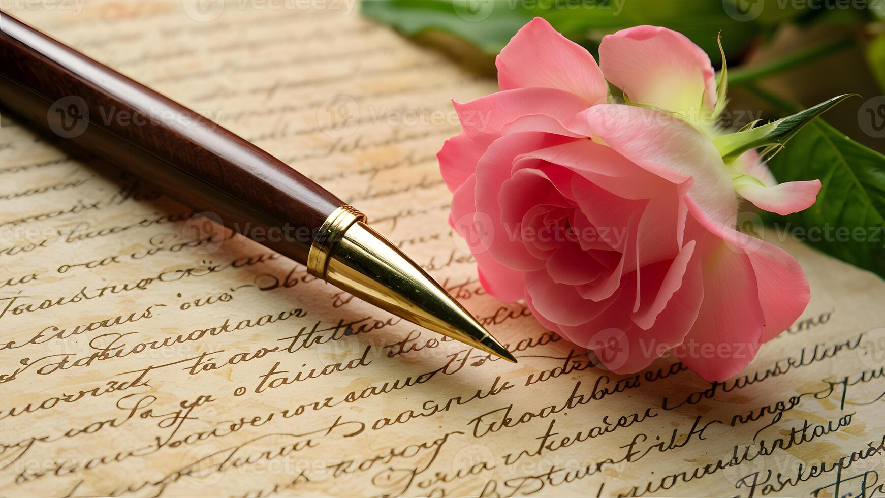 AI generated Antique feather pen on old letters with rose flower photo