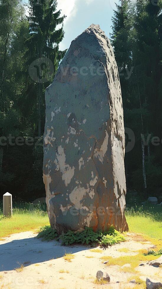 AI generated Giant gray stone boulder rests beside a column amidst green trees Vertical Mobile Wallpaper photo