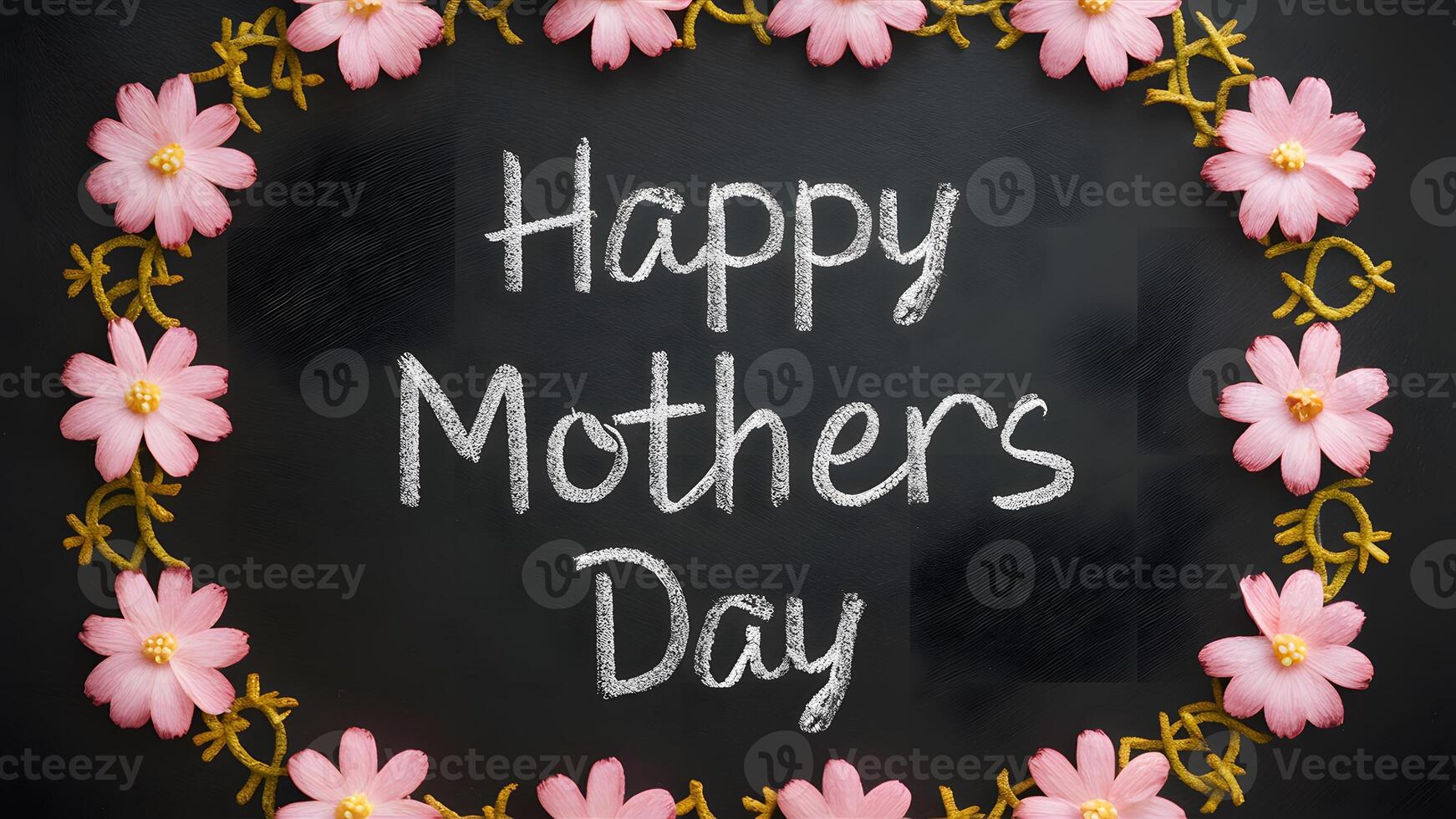 AI generated Chalk written blackboard for happy Mothers Day, pink flowers textured photo