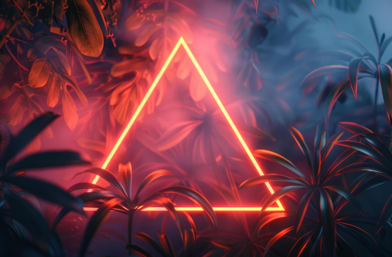AI generated neon triangle and tropical leaves on a background photo
