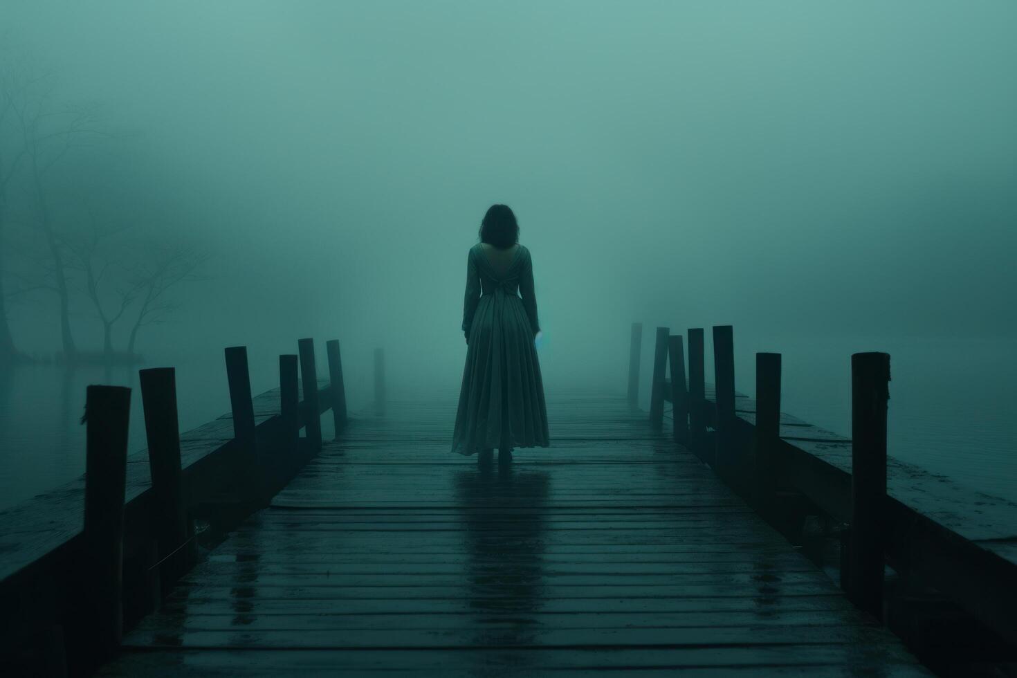 AI generated a woman at the dock of the water in a fog photo