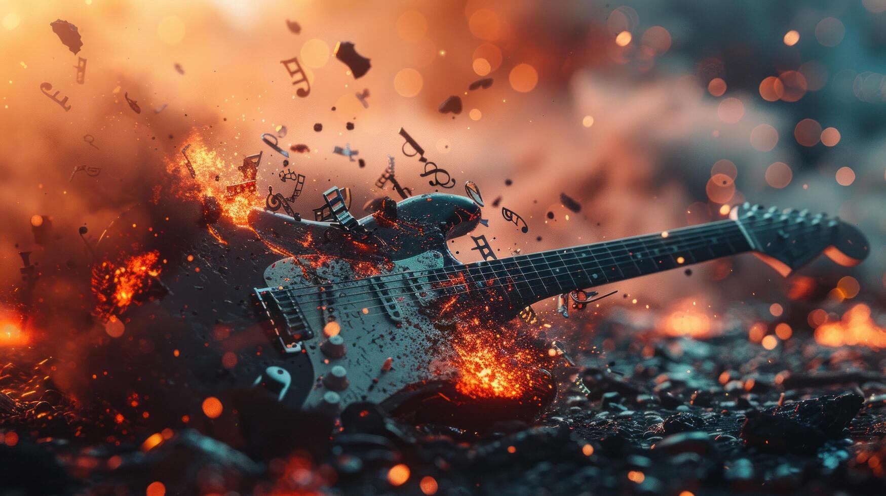 AI generated A vibrant background accentuates the explosion of a sleek black rock guitar, releasing a flurry of tiny black musical notes. photo