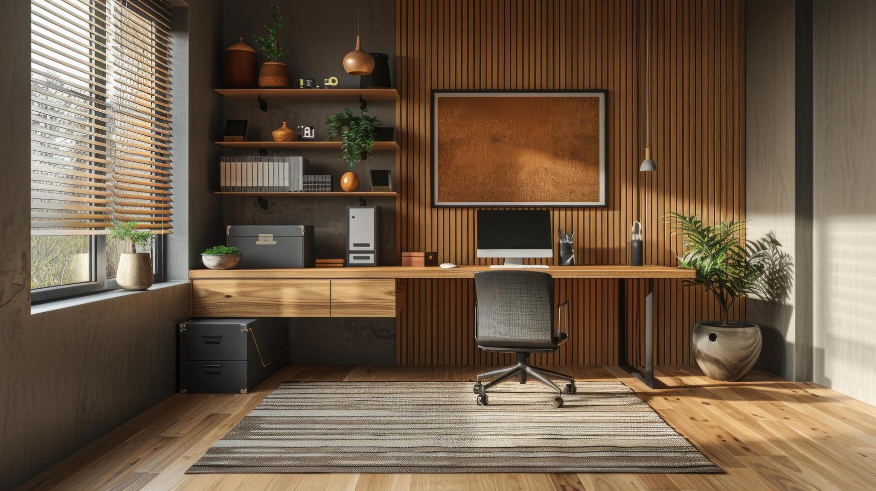 AI generated A minimalist home office with a simple desk, ergonomic chair photo