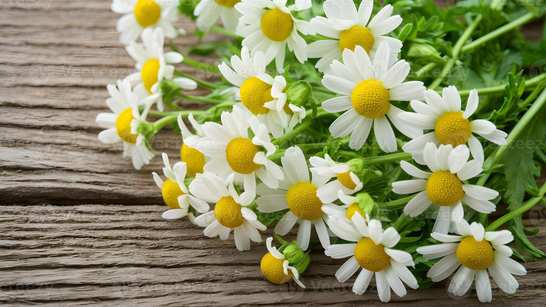 AI generated Chamomile flowers arranged on a rustic wooden background exude tranquility photo