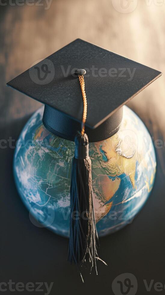 AI generated Photo Global education Graduation cap and Earth globe, business study concept Vertical Mobile Wallpaper