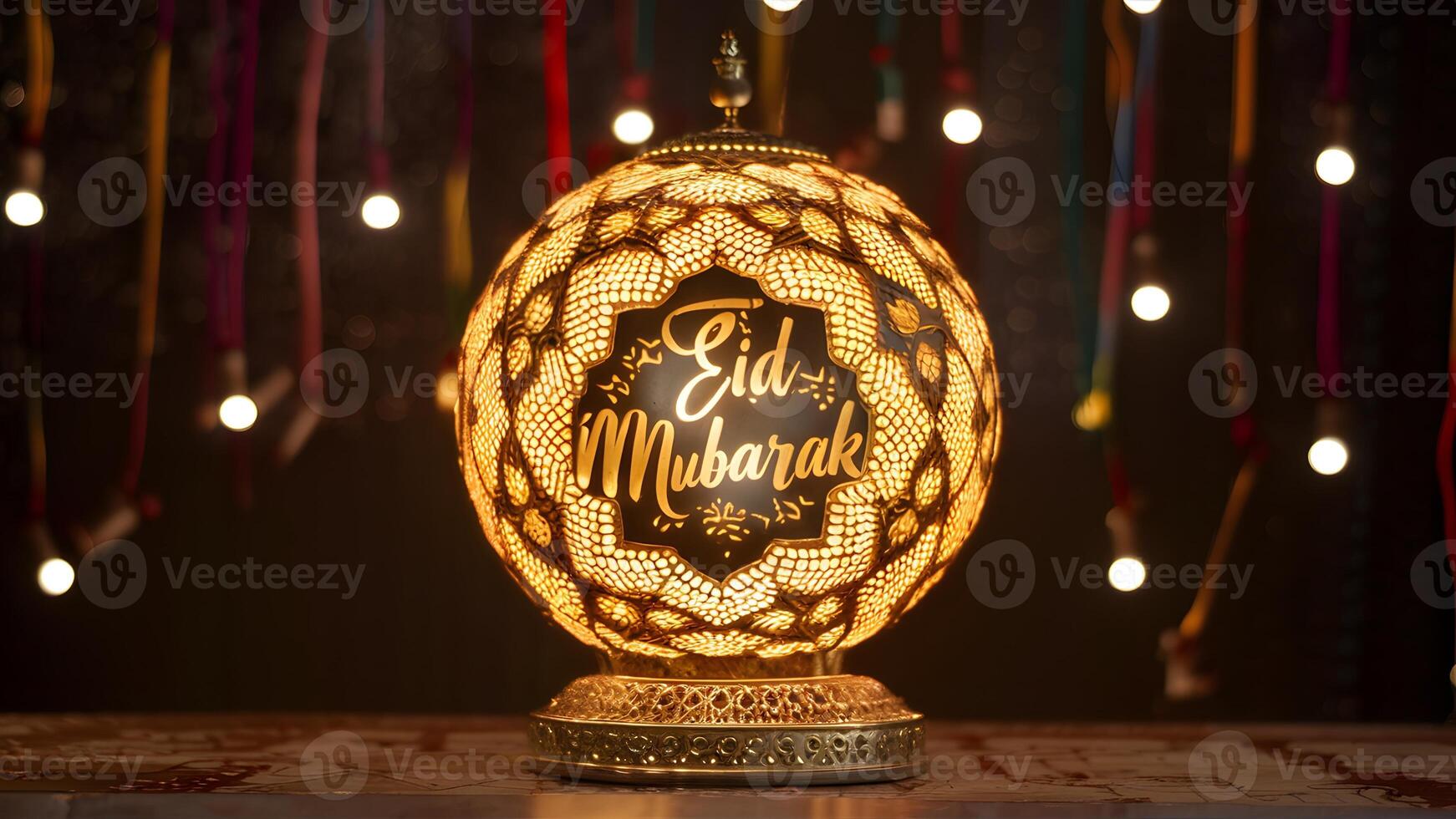 ai generado intrincado lámpara adornado con eid Mubarak guion, radiante elegancia foto