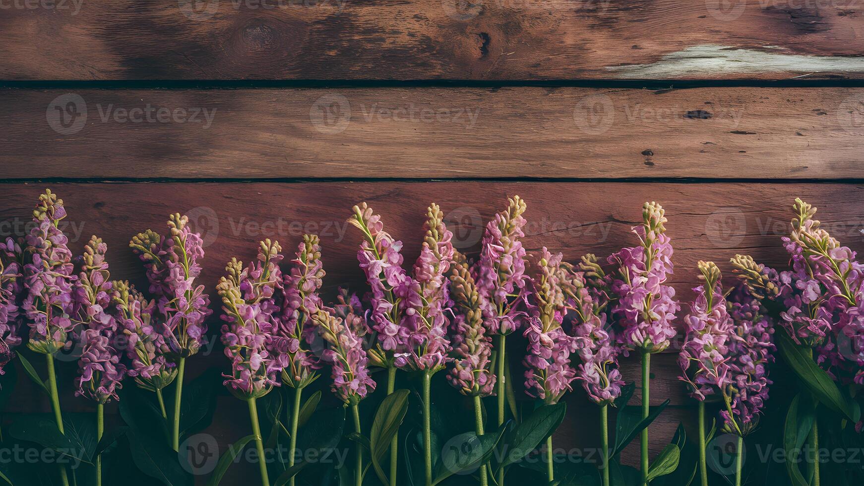 AI generated Floral border with tiny lilac flowers on old wood backdrop photo