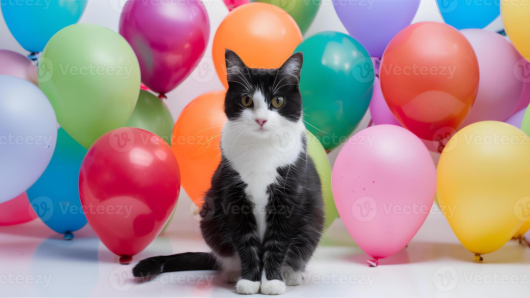 AI generated Black and white cat at colorful balloon party, white background photo