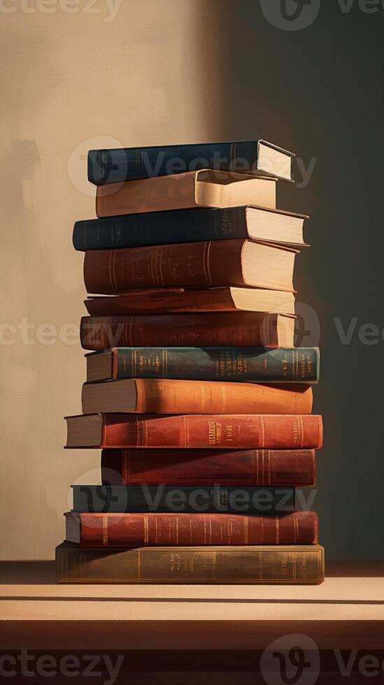 AI generated Reading scene Pile of books on a table with copy space Vertical Mobile Wallpaper photo