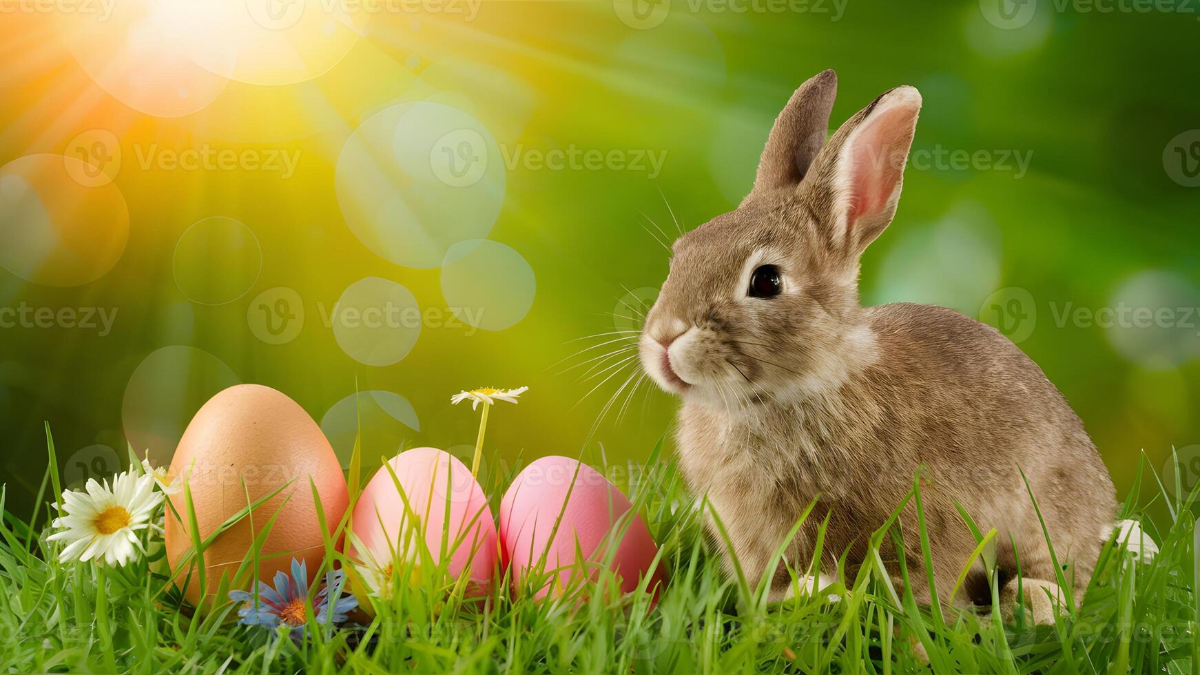 ai generado imagen de stock soleado Pascua de Resurrección antecedentes con conejito, huevos, flores, césped, y bokeh foto