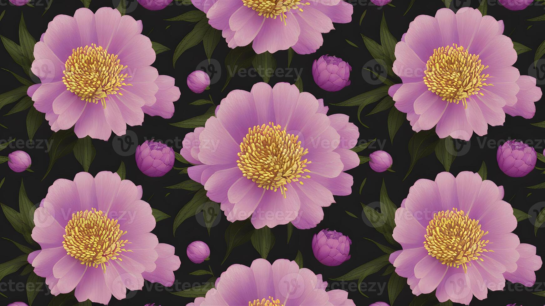 AI generated Natural flowers pattern with beautiful violet peonies on black floral background photo
