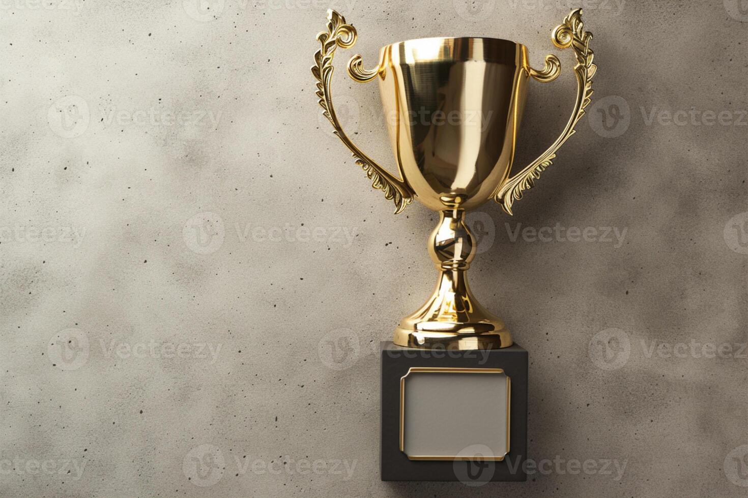 AI generated Winner gold trophy cup on concrete stone grey background, top view photo