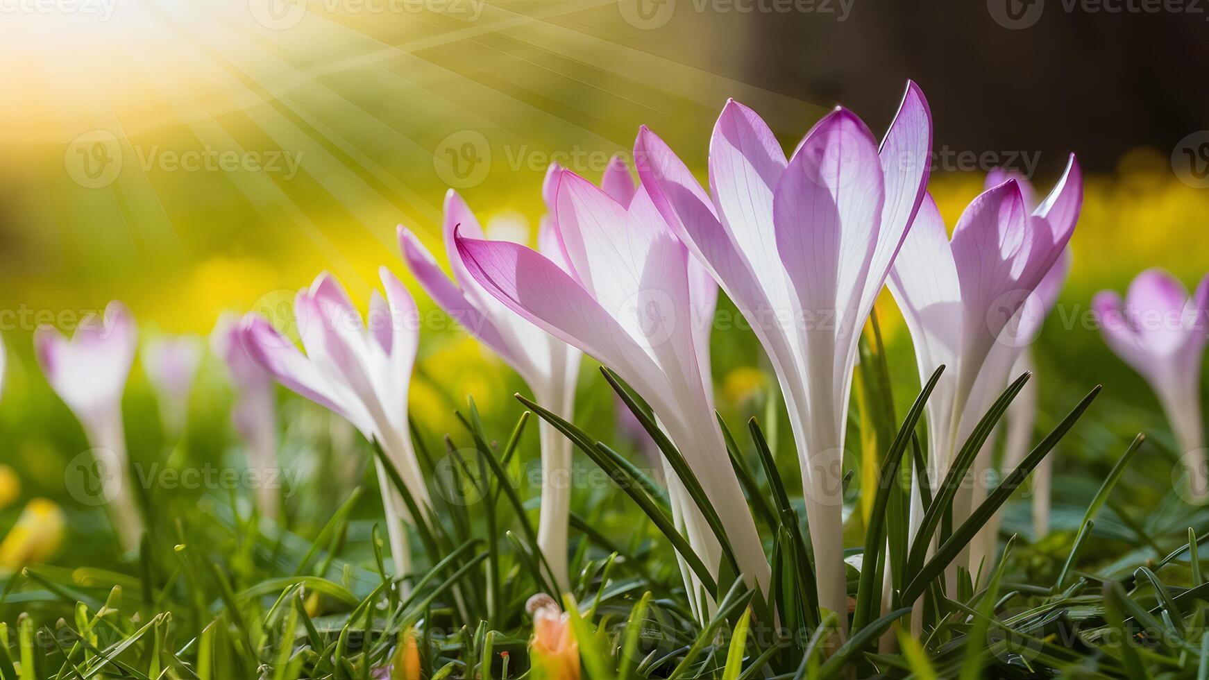 AI generated Amazing sunlight on blooming spring flowers with crocus, wildlife photo