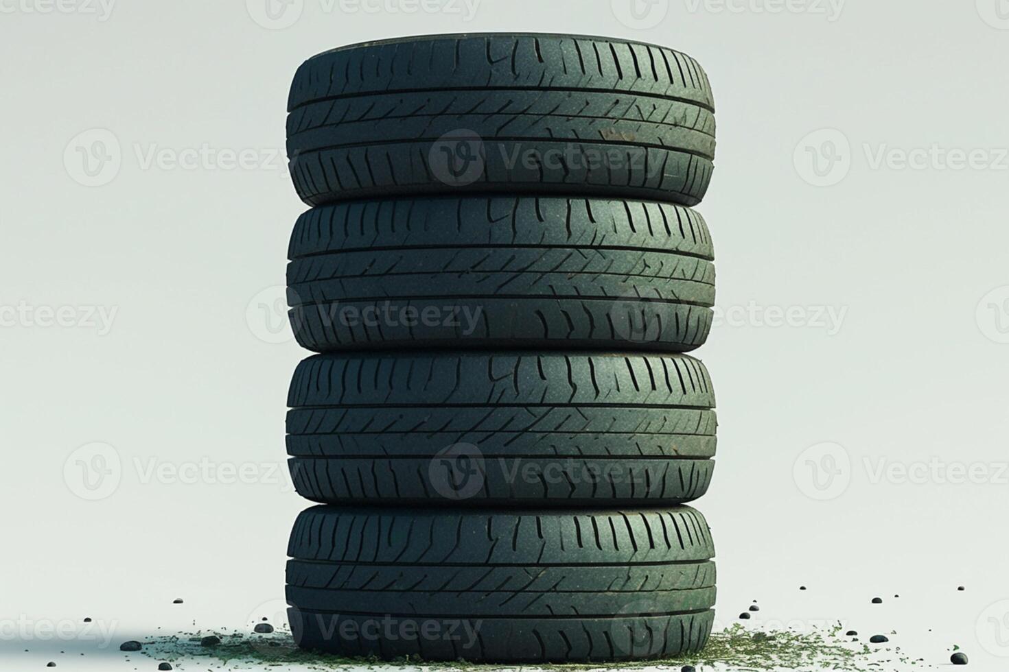 AI generated Playful and unique 3D display of three stacked and scattered tires photo