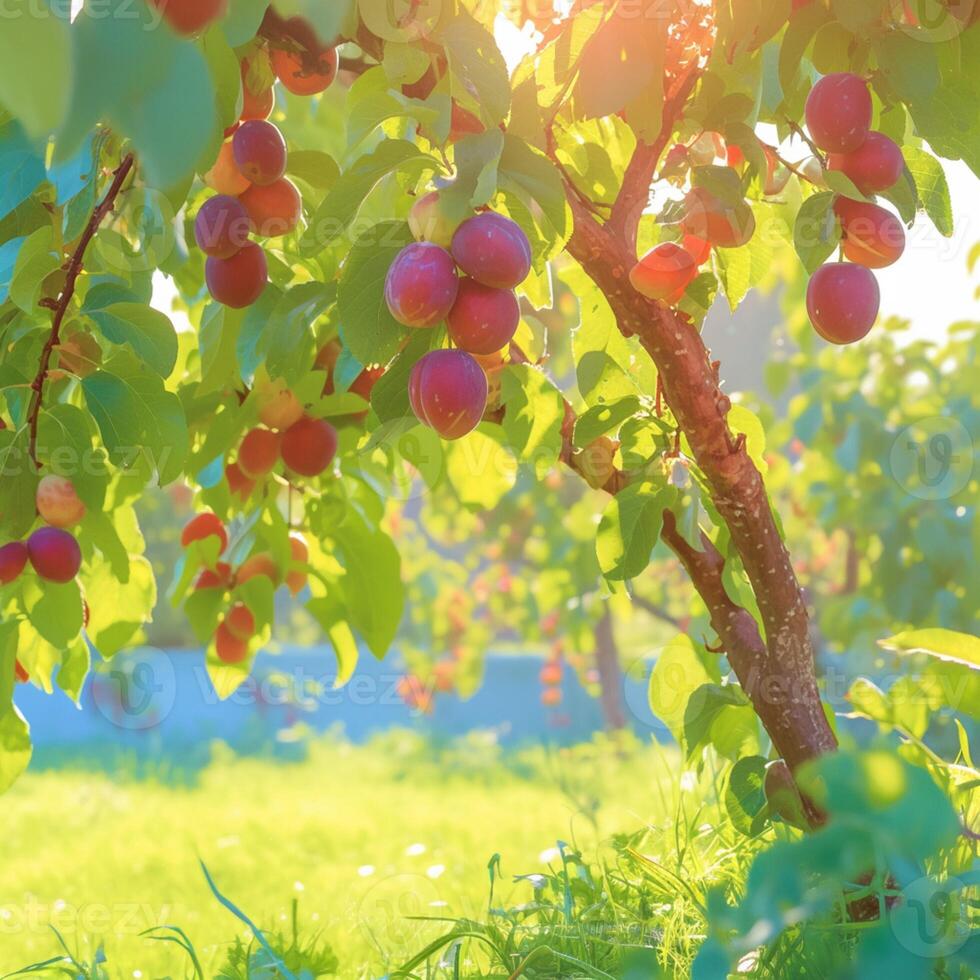 AI generated Organic delight Red plum growing in a scenic orchard For Social Media Post Size photo
