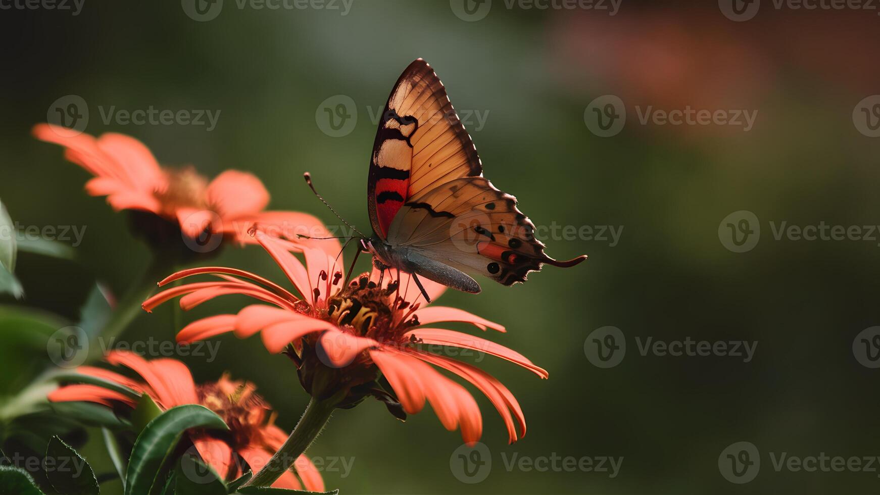 AI generated Brown butterfly on flower with blue brown background photo