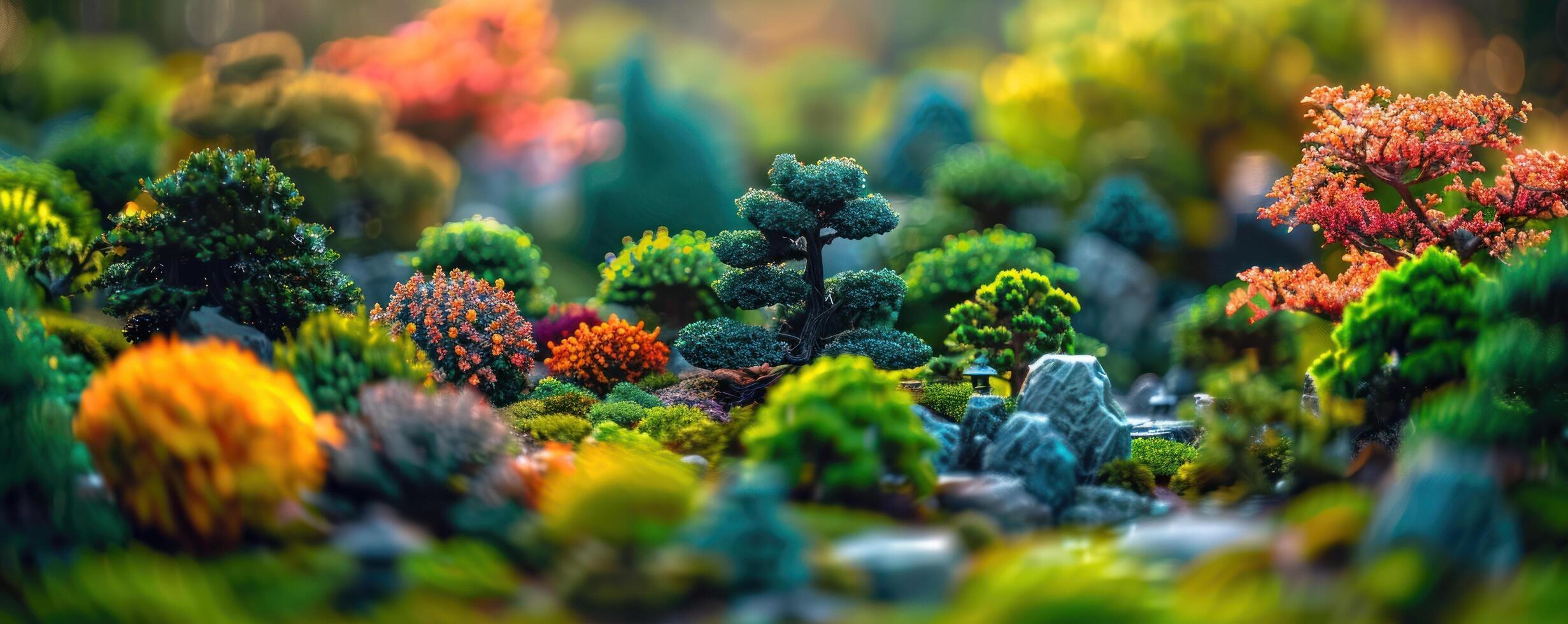 AI generated a garden with many beautiful shrubs and trees photo