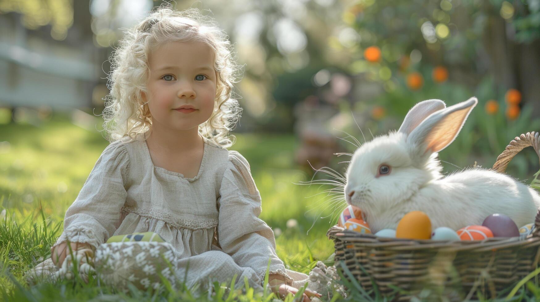 AI generated Easter Joy with Curly-Haired Girl and Bunny photo