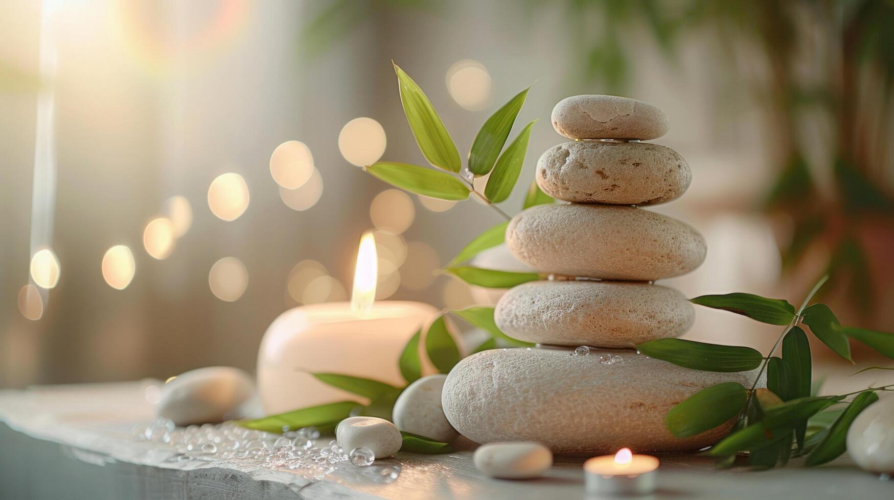 AI generated Still life spa setting featuring stacked stones, a burning candle, and bamboo leaves photo