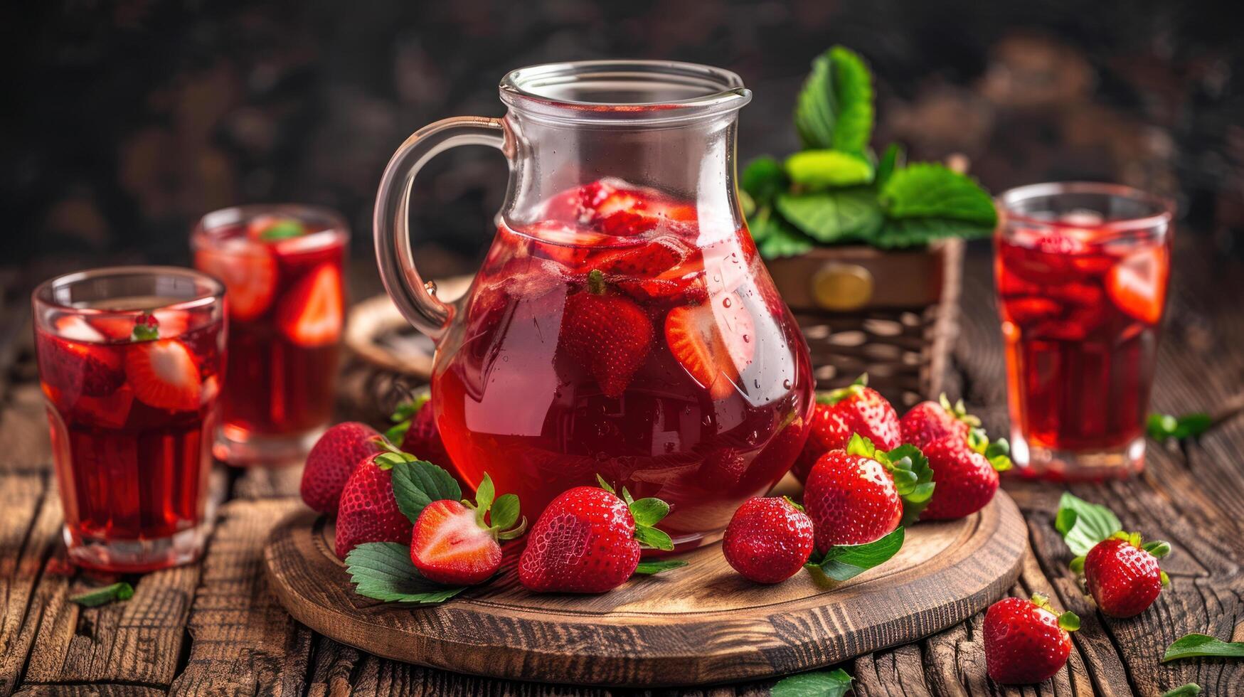 AI generated A cool summer beverage featuring strawberries served in a jug and glasses on a rustic wooden table photo