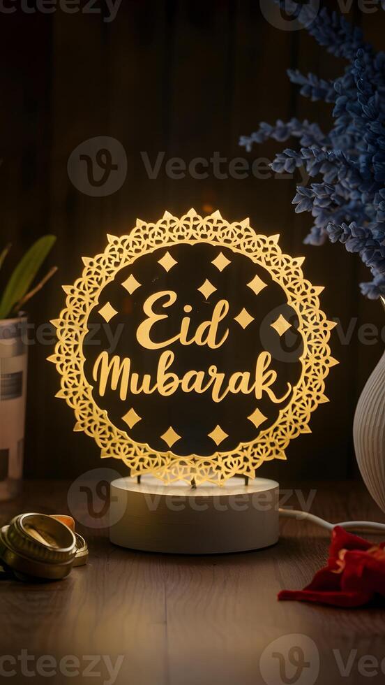 AI generated Eid Mubarak lamp shines with intricate design and heartfelt message Vertical Mobile Wallpaper photo