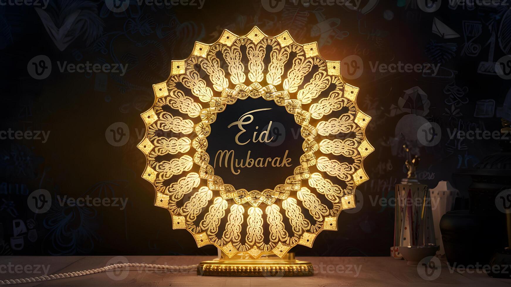 ai generado intrincado lámpara adornado con eid Mubarak guion, radiante elegancia foto