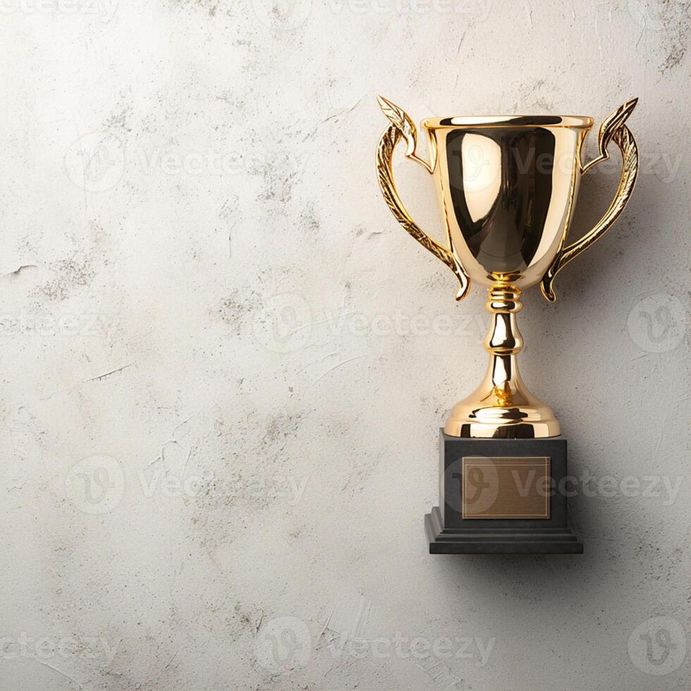 ai generado ganador oro trofeo taza en hormigón Roca gris fondo, parte superior ver para social medios de comunicación enviar Talla foto