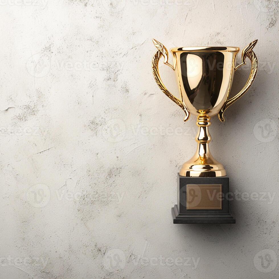 AI generated Winner gold trophy cup on concrete stone grey background, top view For Social Media Post Size photo