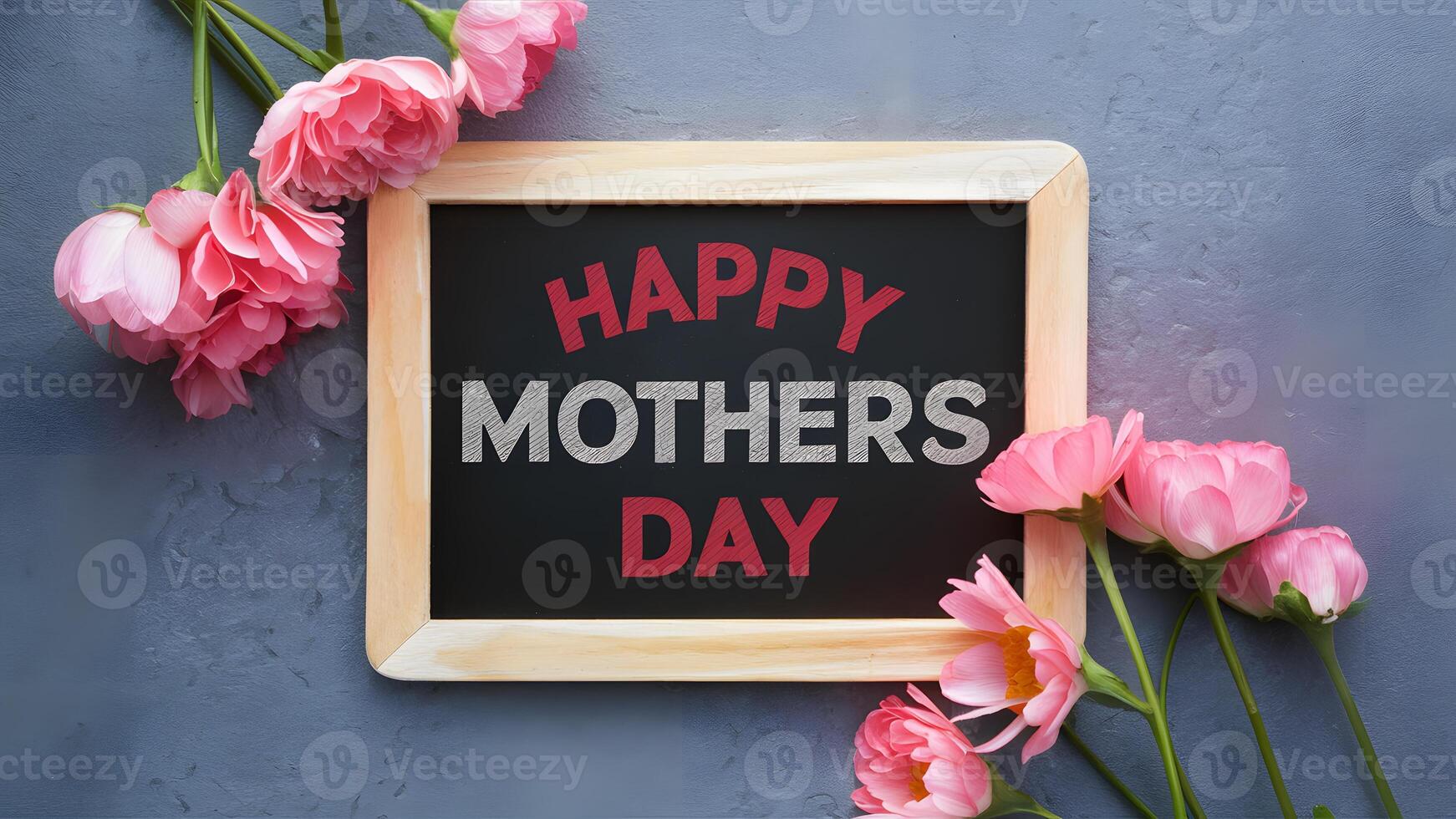 AI generated Publish Happy Mothers Day blackboard with pink flowers on textured paper photo