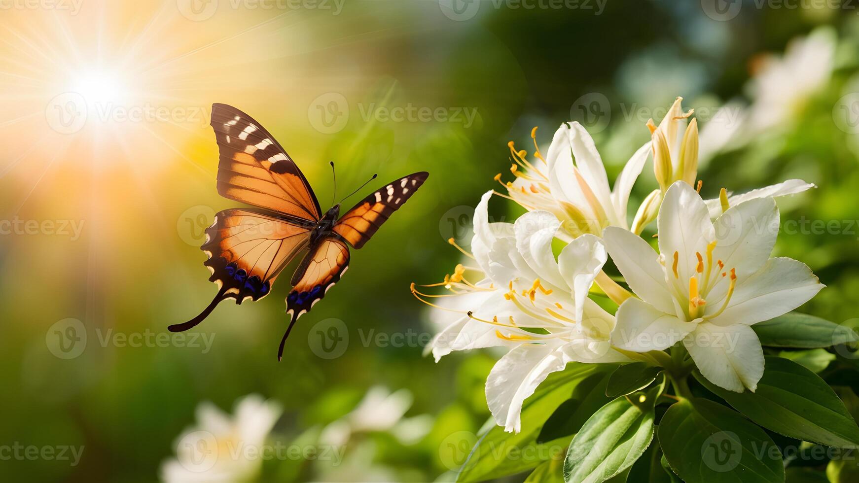 AI generated Flying butterfly against sunrise sunlight and blooming white flowers photo