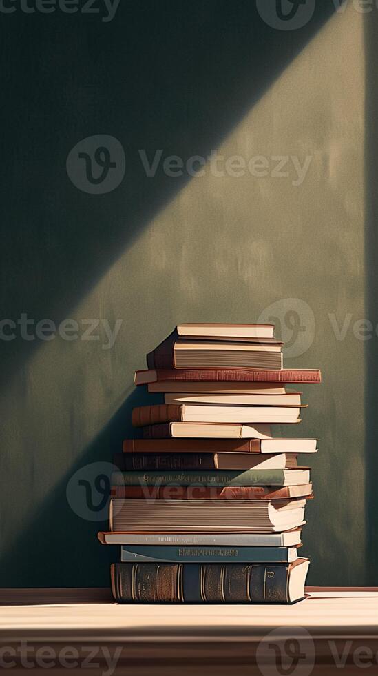 AI generated Bookish arrangement Books stacked on a table, providing copy space Vertical Mobile Wallpaper photo