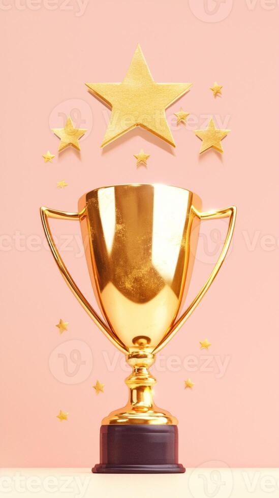 ai generado victoria simbolismo ganador trofeo taza y 5 5 estrellas en pastel vertical móvil fondo de pantalla foto