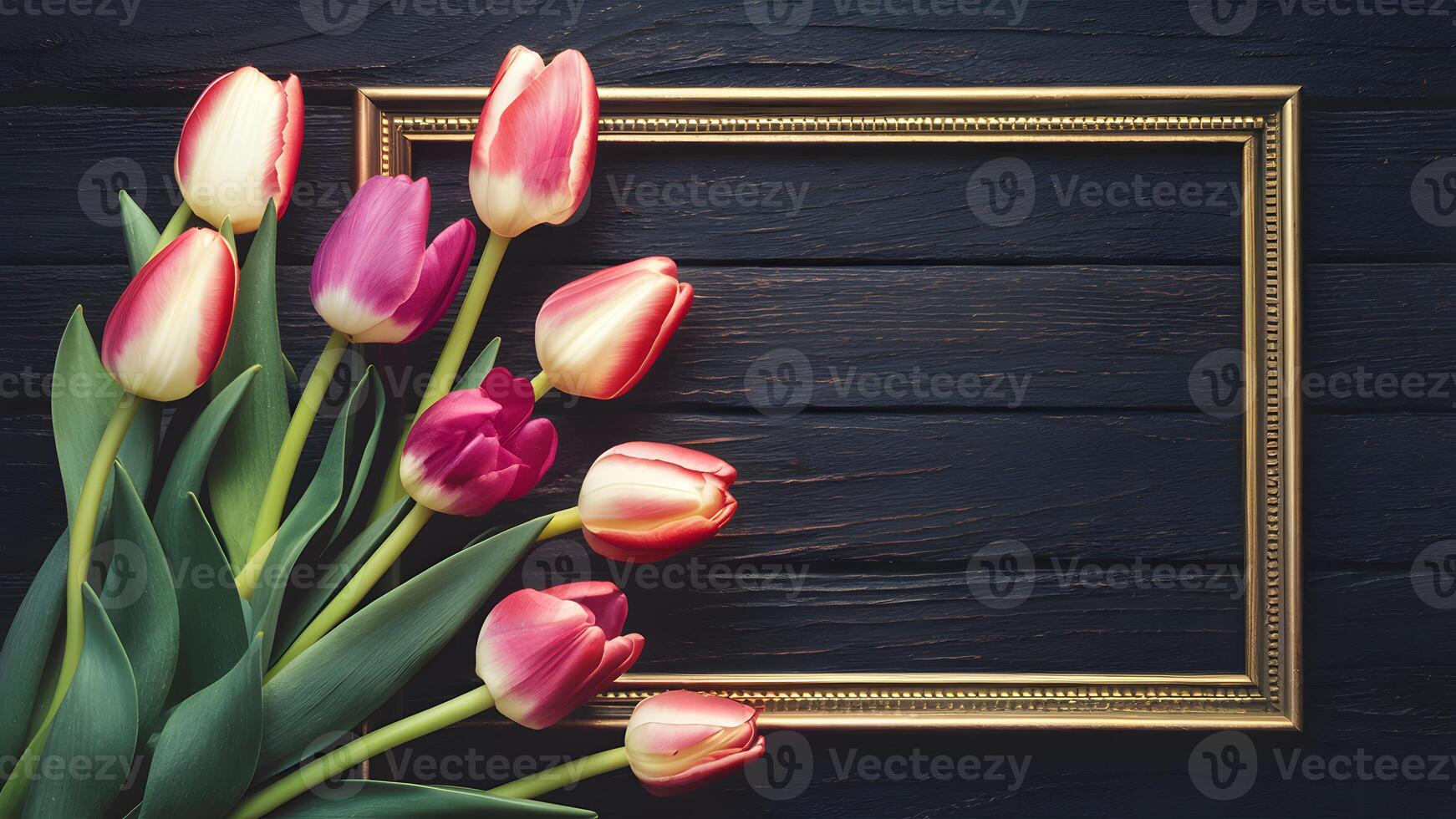 AI generated Spring flowers tulips framed on dark rustic wooden background photo