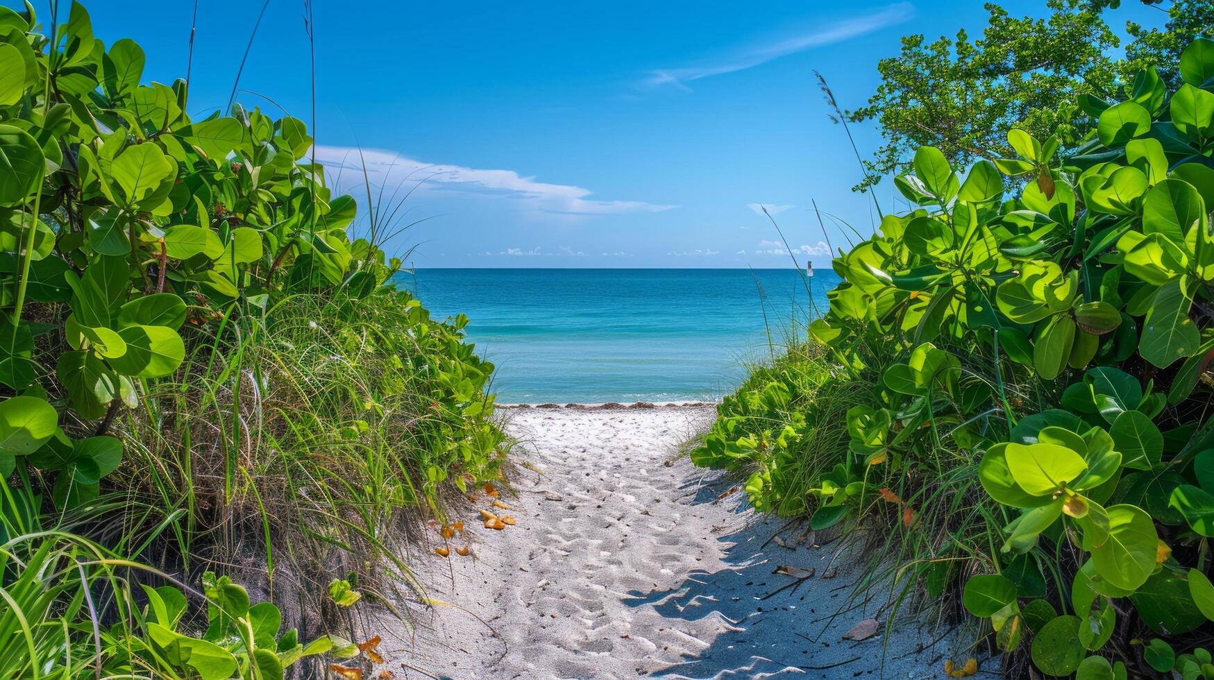 AI generated A sandy path leading to the beach, with lush greenery on either side and a clear blue sky photo