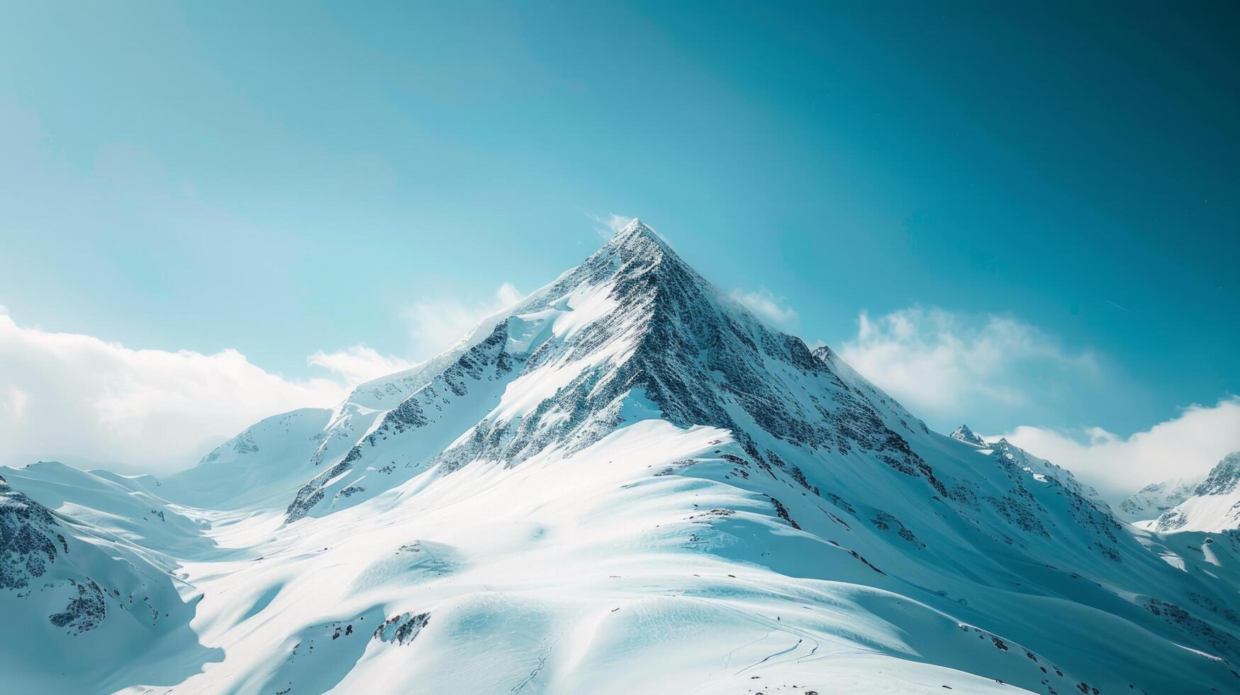 AI generated mountain peak, with snow-capped slopes and a clear blue sky, emphasizing the grandeur photo
