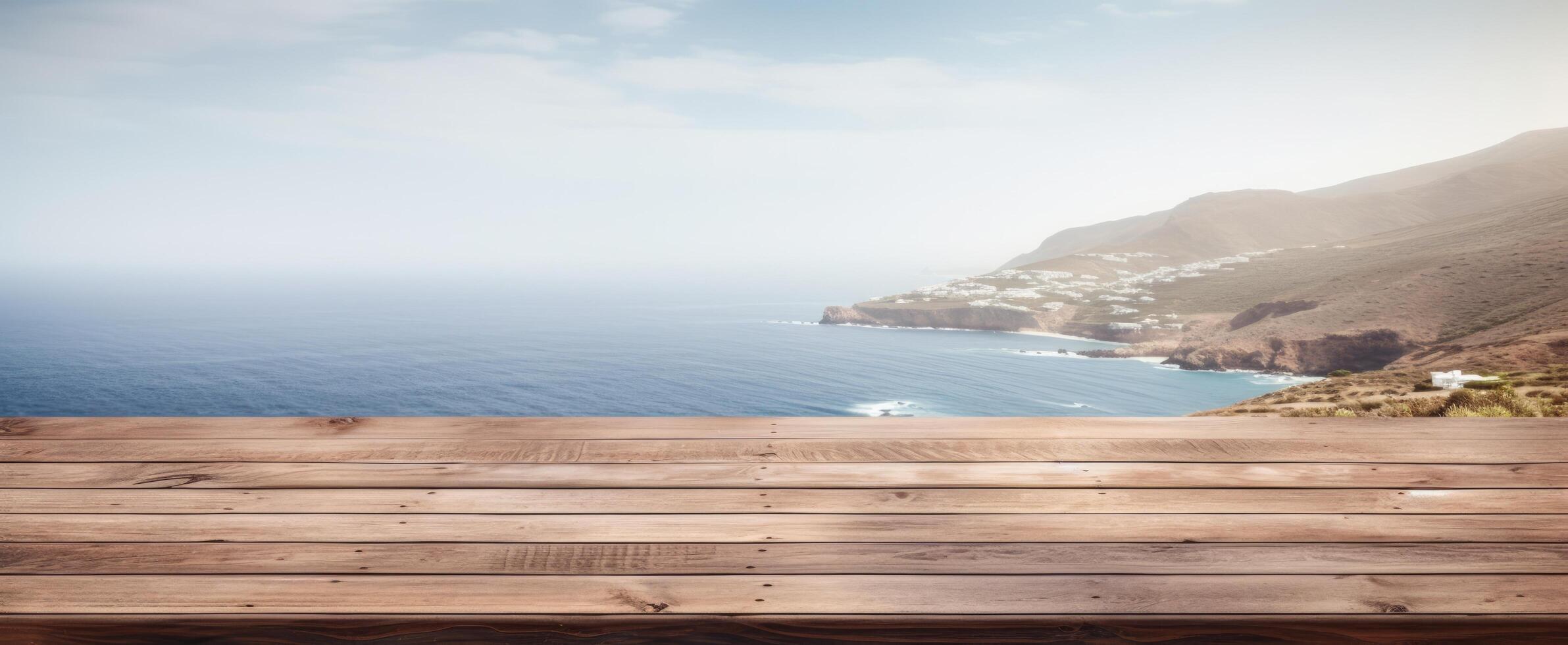 AI generated wooden table with a blurry ocean view photo