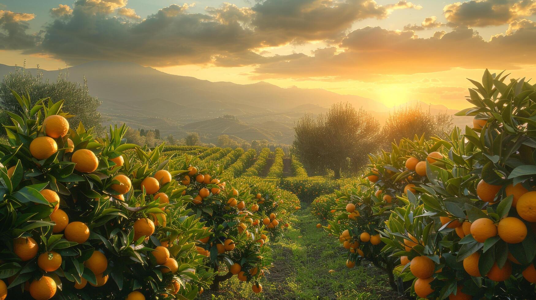 ai generado un agrios arboleda, con filas de naranja y limón arboles extensión dentro el distancia foto