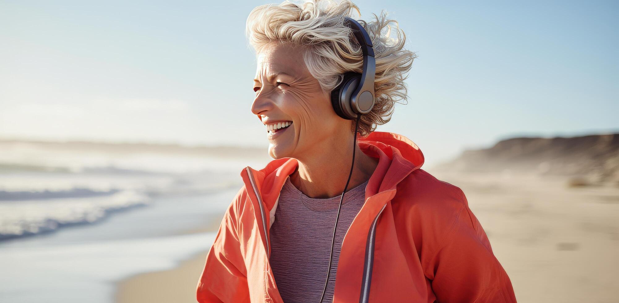 AI generated a 50 plus woman is dancing with headphones on the beach photo